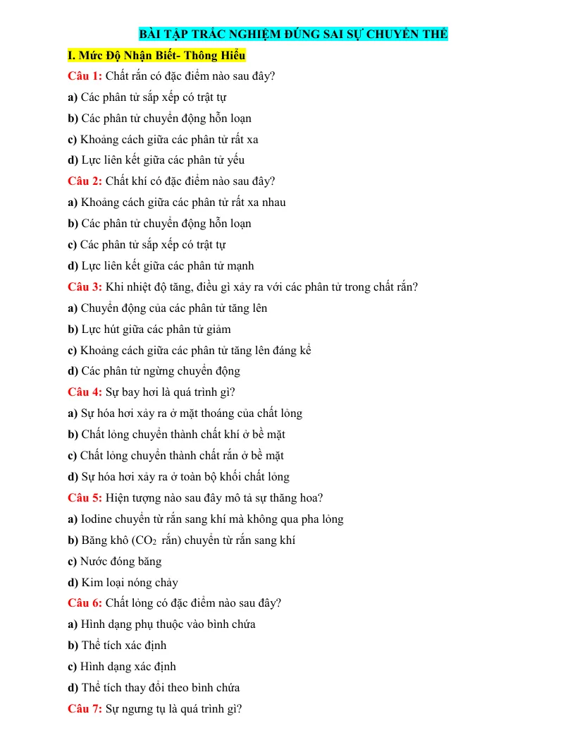 30 Bài Tập Trắc Nghiệm Đúng Sai Sự Chuyển Thể Vật Lí 12