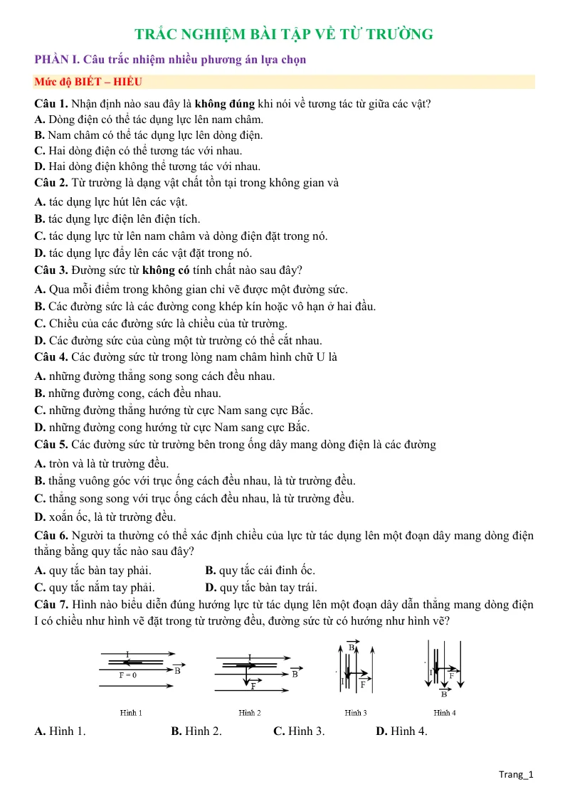 70 Câu Trắc Nghiệm Bài Tập Về Từ Trường Cấu Trúc Mới Giải Chi Tiết Vật Lí 12