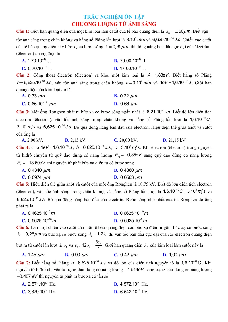Trắc Nghiệm Ôn Chương Lượng Tử Ánh Sáng