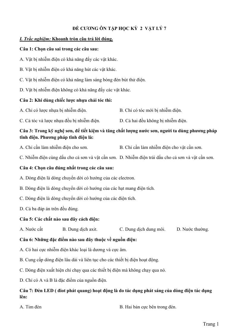Đề Cương Ôn Tập Vật Lý Lớp 7 Học Kỳ 2