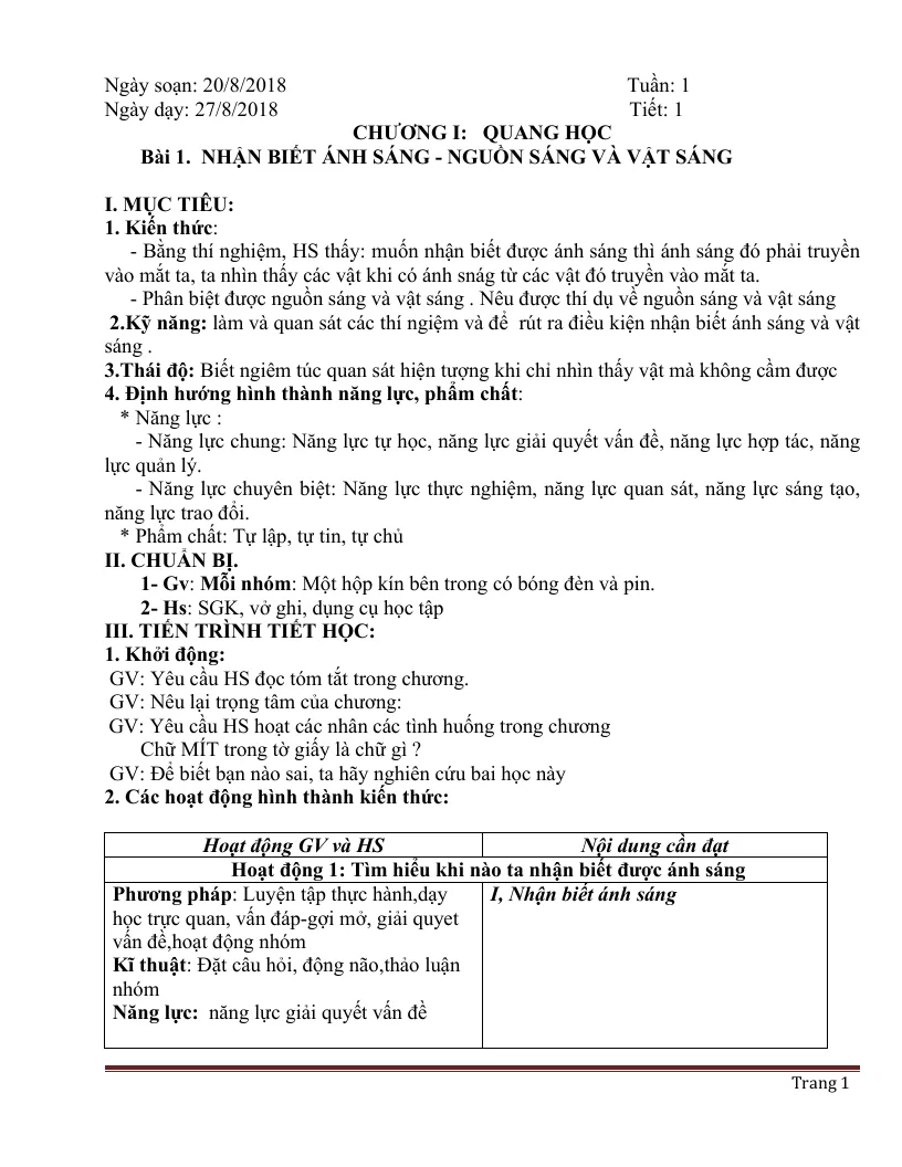Giáo Án Vật Lí 7 HK1 Phát Triển Năng Lực Theo 5 Bước Hoạt Động