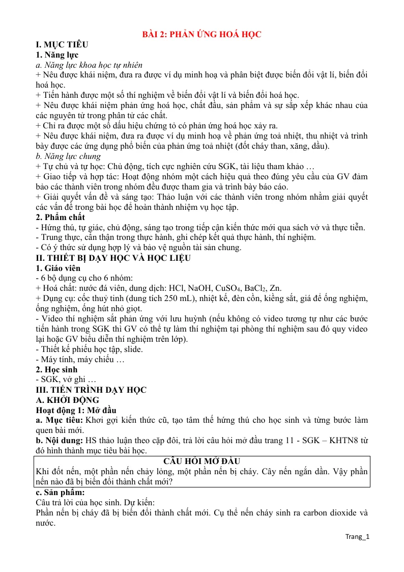 Giáo Án KHTN 8 Bài 2 Phản Ứng Hóa Học