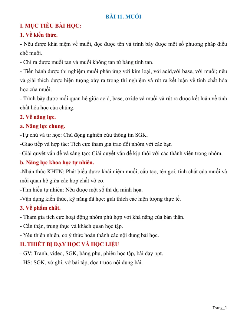 Giáo Án KHTN 8 Bài 11 Muối