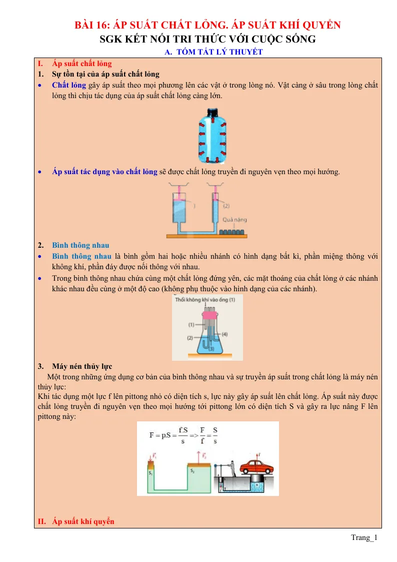 Chuyên Đề KHTN 8 Bài 16 Áp Suất Chất Lỏng Áp Suất Khí Quyển