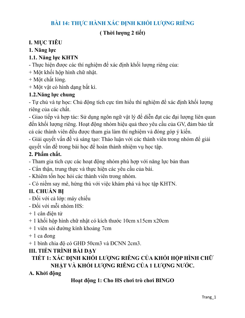 Giáo Án KHTN 8 Bài 14 Thực Hành Xác Định Khối Lượng Riêng