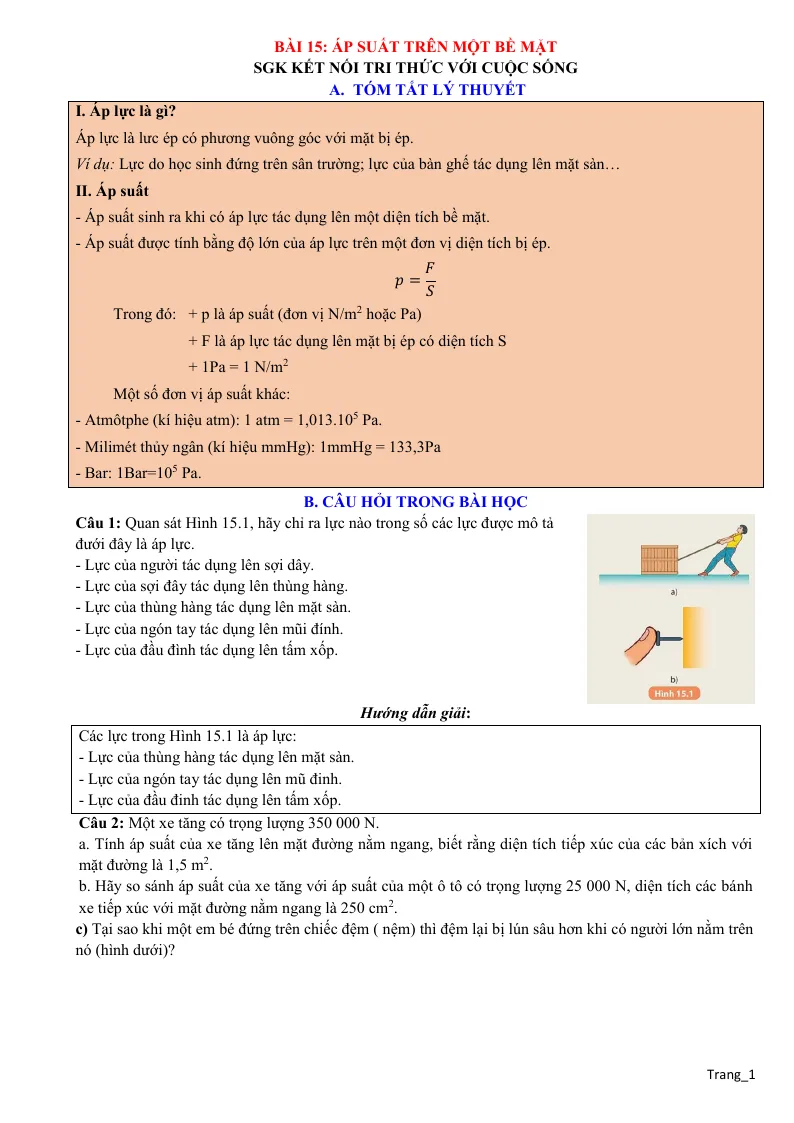 Chuyên Đề KHTN 8 Bài 15 Áp Suất Trên Một Bề Mặt