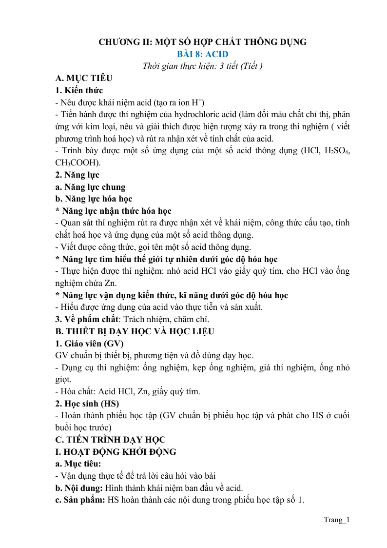 Giáo Án KHTN 8 Bài 8 Acid