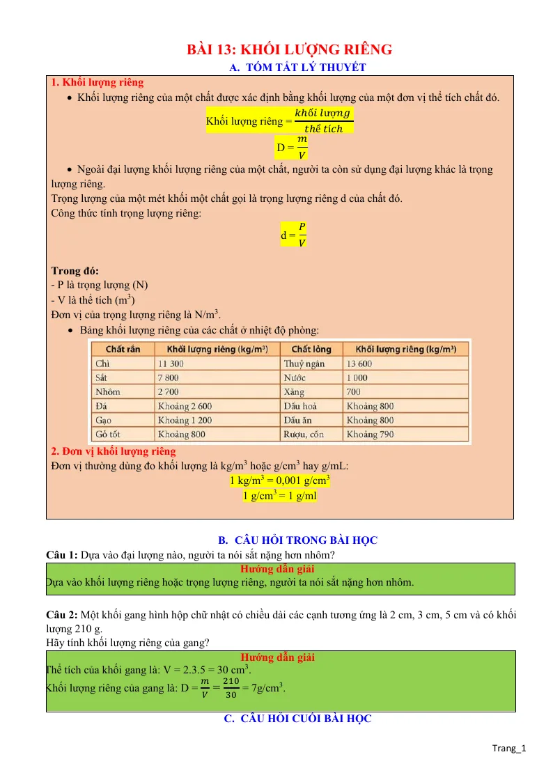 Chuyên Đề KHTN 8 Bài 13 Khối Lượng Riêng