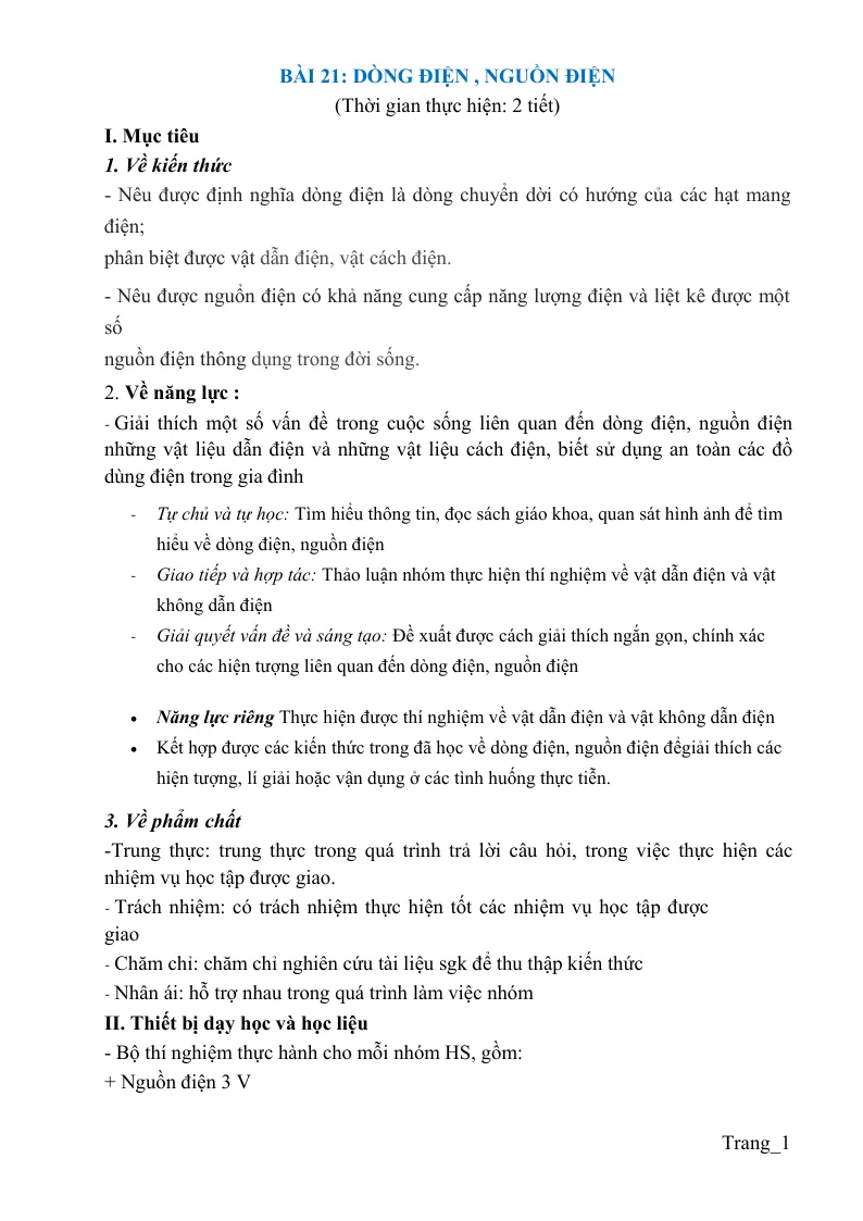 Giáo Án KHTN 8 Bài 21 Dòng Điện Nguồn Điện