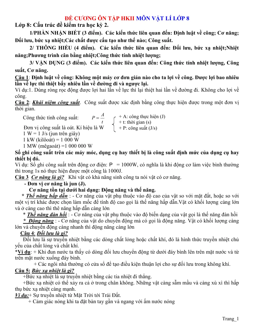 Đề Cương Ôn Tập Lý 8 HK2