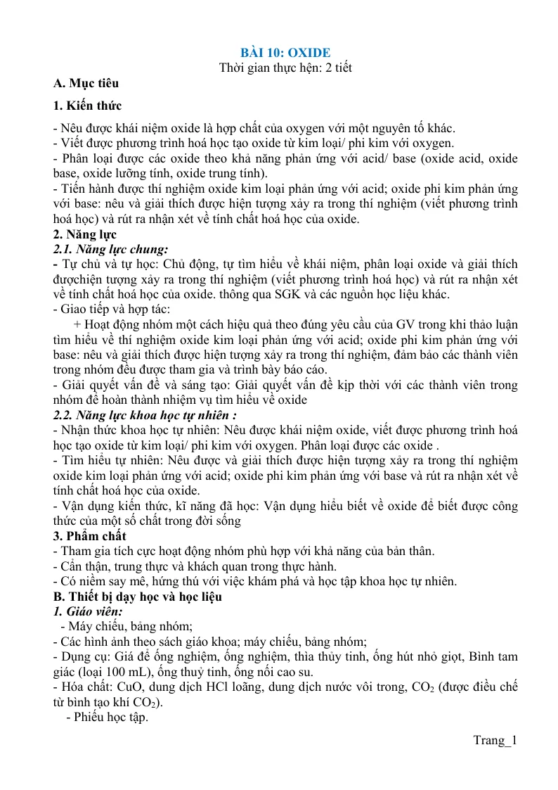 Giáo Án KHTN 8 Bài 10 Oxide