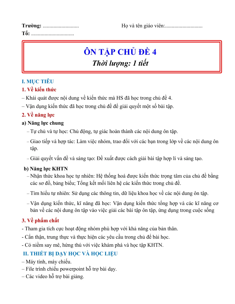 Giáo Án Ôn Tập Chủ Đề 4 Vật Lí 9