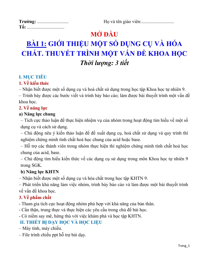 Giáo Án KHTN 9 Phân Môn Vật Lí Cả Năm