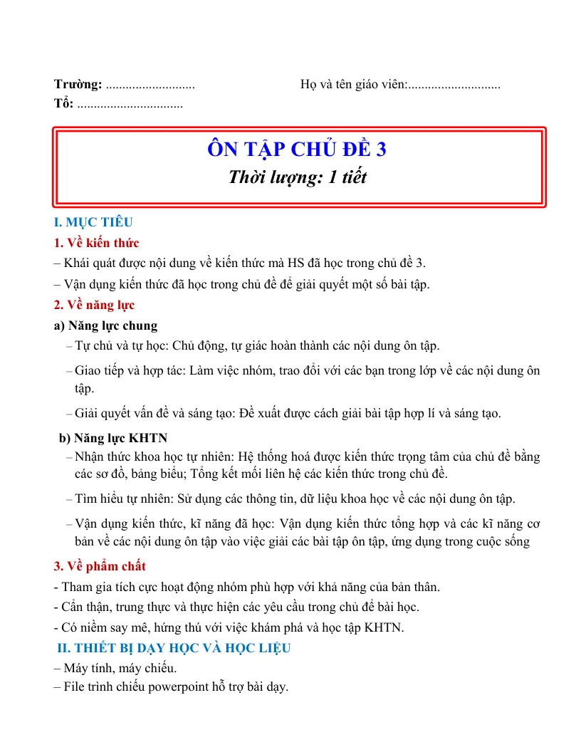 Giáo Án Ôn Tập Chủ Đề 3 Vật Lí 9
