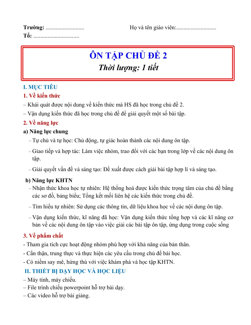 Giáo Án Ôn Tập Chủ Đề 2 Vật Lí 9