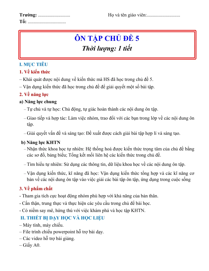 Giáo Án Ôn Tập Chủ Đề 5 Vật Lí 9