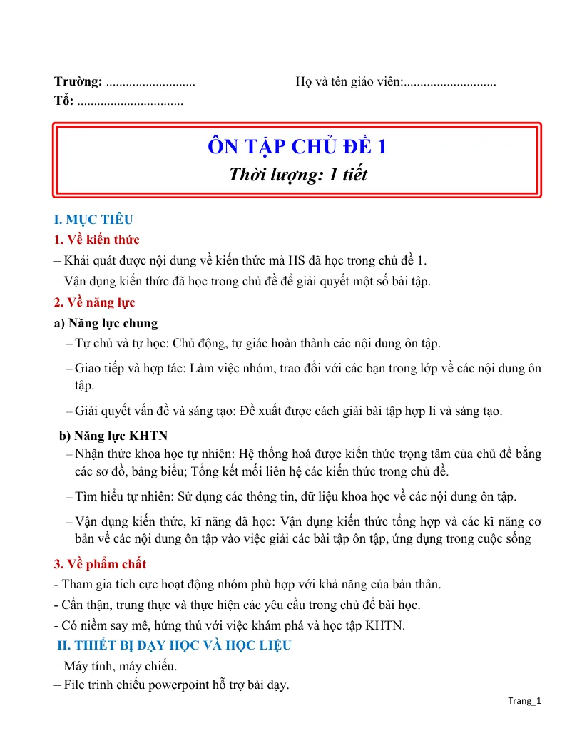 Giáo Án Ôn Tập Chủ Đề 1 Vật Lí 9