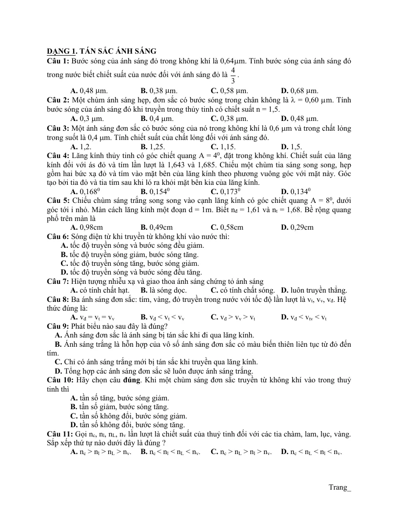 150 câu hỏi trắc nghiệm chương 5: Sóng ánh sáng