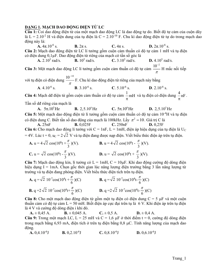 150 câu hỏi trắc nghiệm dao động và sóng điện từ