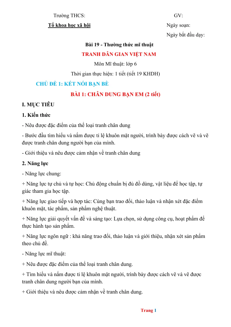 Giáo Án Mĩ Thuật 6 Cả Năm Phương Pháp Mới
