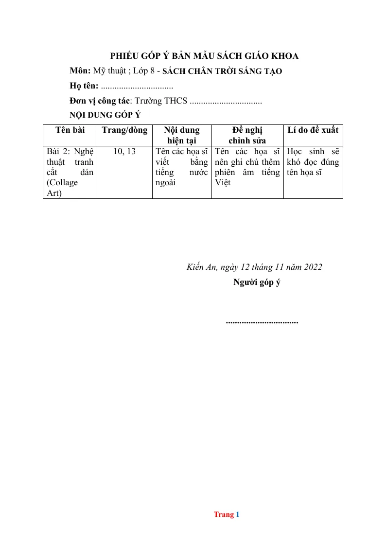 Bộ Phiếu Góp Ý SGK Mĩ Thuật 8