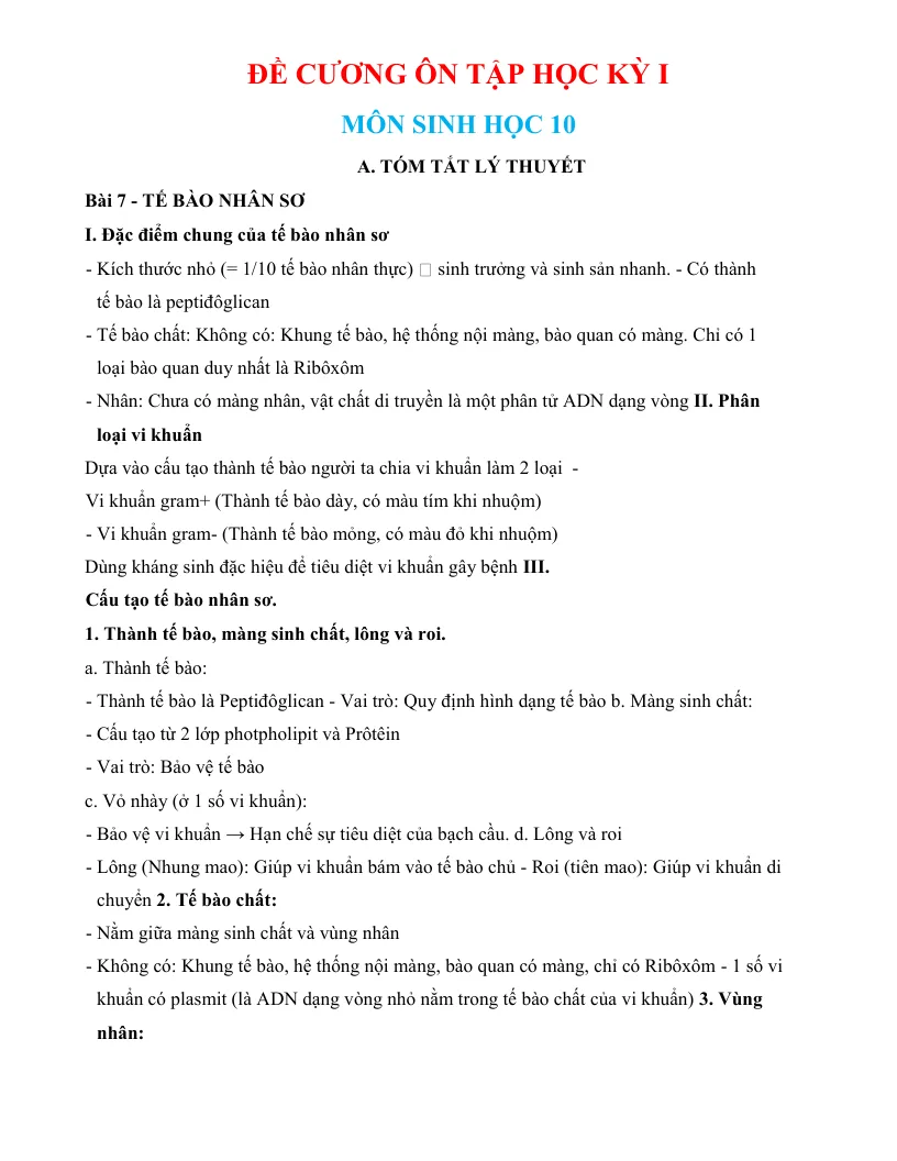 Đề Cương Ôn Thi Sinh Học 10 HK1