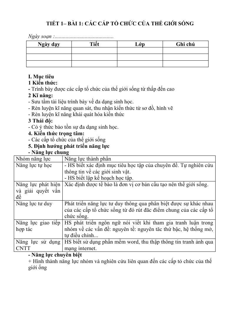 Giáo Án Sinh 10 HK1 Phương Pháp Mới 5 Bước Hoạt Động