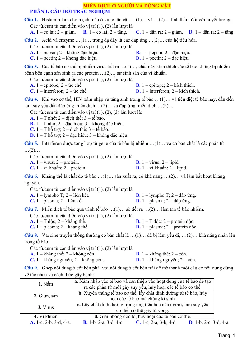 Các Dạng Bài Tập Về Miễn Dịch Ở Người Và Động Vật Lớp 11