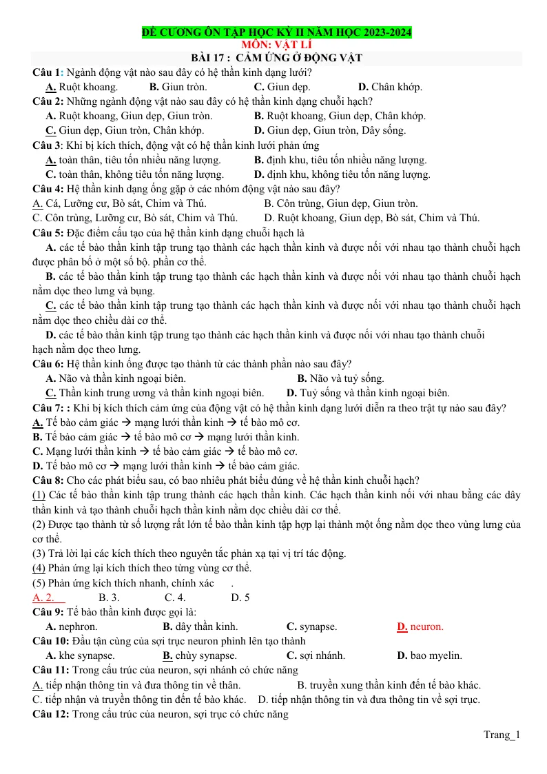 Đề Cương Ôn Tập Học Kỳ 2 Sinh 11