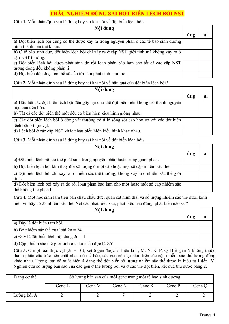 10 Câu Trắc Nghiệm Đúng Sai Đột Biến Lệch Bội Nhiễm Sắc Thể Sinh 12