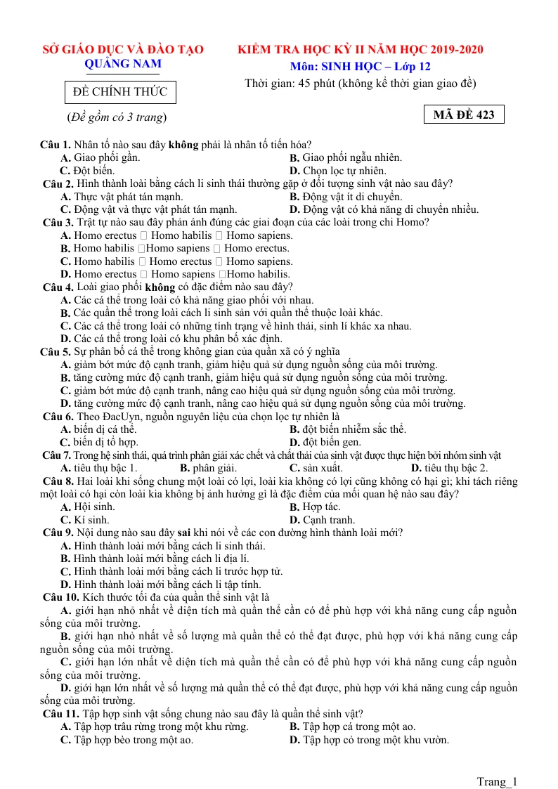 Đề Thi Học Kỳ 2 Sinh 12 Sở GD Quảng Nam 2019 - 2020