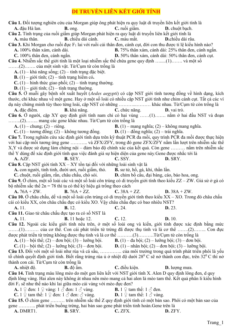 40 Câu Trắc Nghiệm Di Truyền Liên Kết Giới Tính Sinh 12