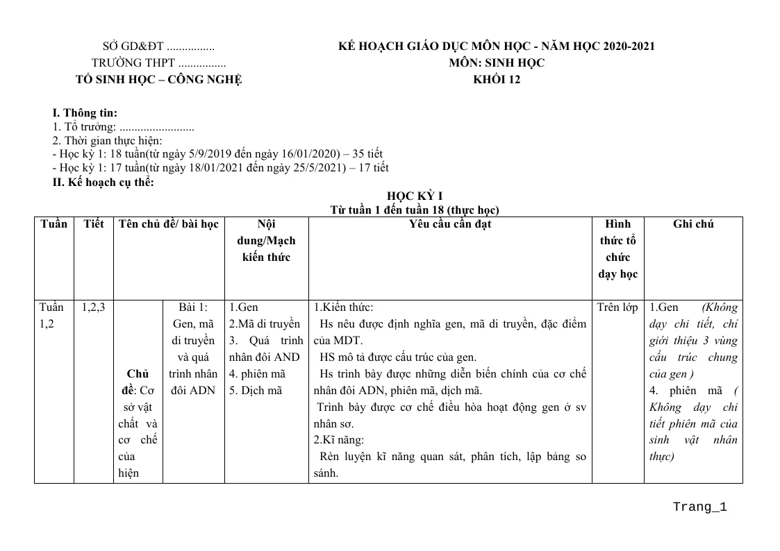 Kế Hoạch Giáo Dục Sinh Học 12 Năm 2020 - 2021