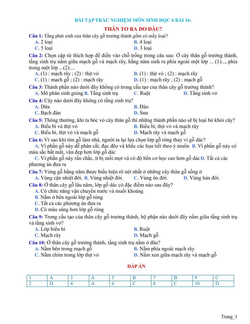 Trắc Nghiệm Sinh 6 Bài 16: Thân To Ra Do Đâu