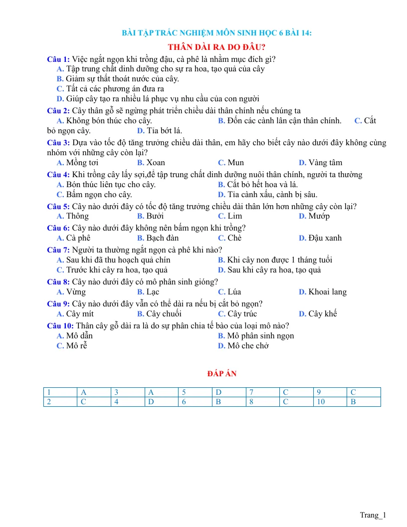 Trắc Nghiệm Sinh 6 Bài 14: Thân Dài Ra Do Đâu