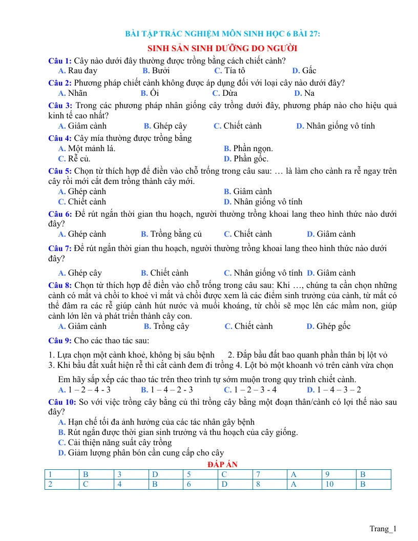 Trắc Nghiệm Sinh 6 Bài 27: Sinh Sản Sinh Dưỡng Do Người