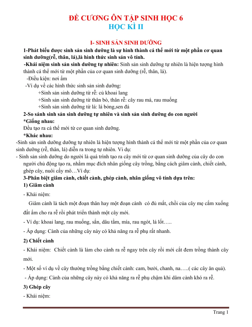 Đề Cương Ôn Tập Sinh 6 HK2