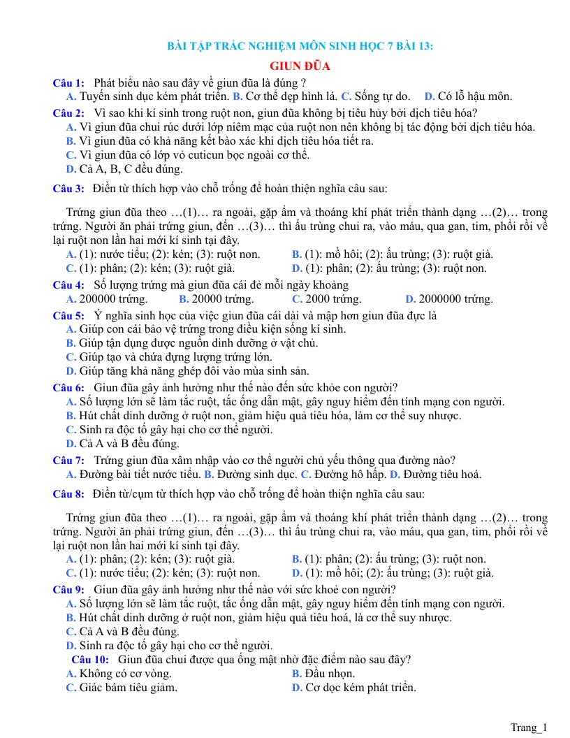 Trắc Nghiệm Sinh 7 Bài 13: Giun Đũa
