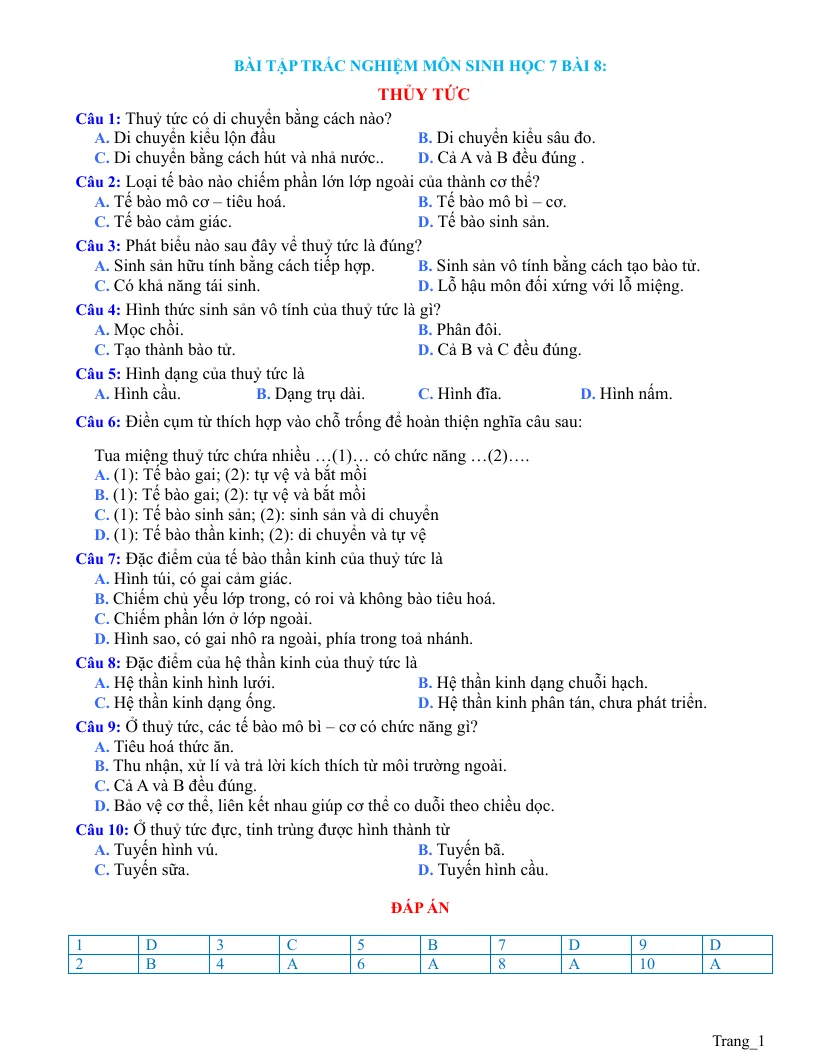 Trắc Nghiệm Sinh 7 Bài 8: Thủy Tức