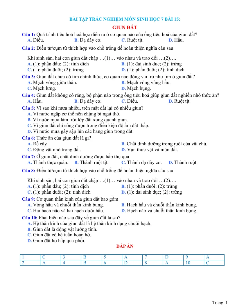 Trắc Nghiệm Sinh 7 Bài 15: Giun Đất