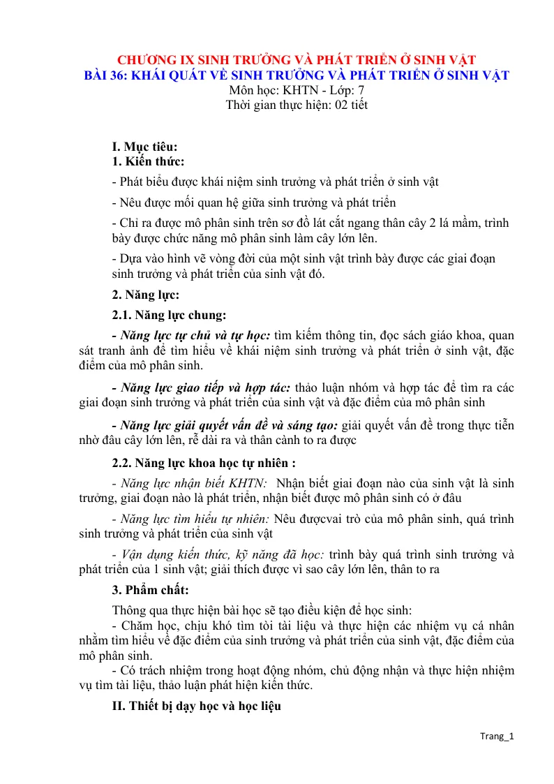 Giáo Án KHTN 7 Bài 36 Khái Quát Về Sinh Trưởng Và Phát Triển Ở Sinh Vật