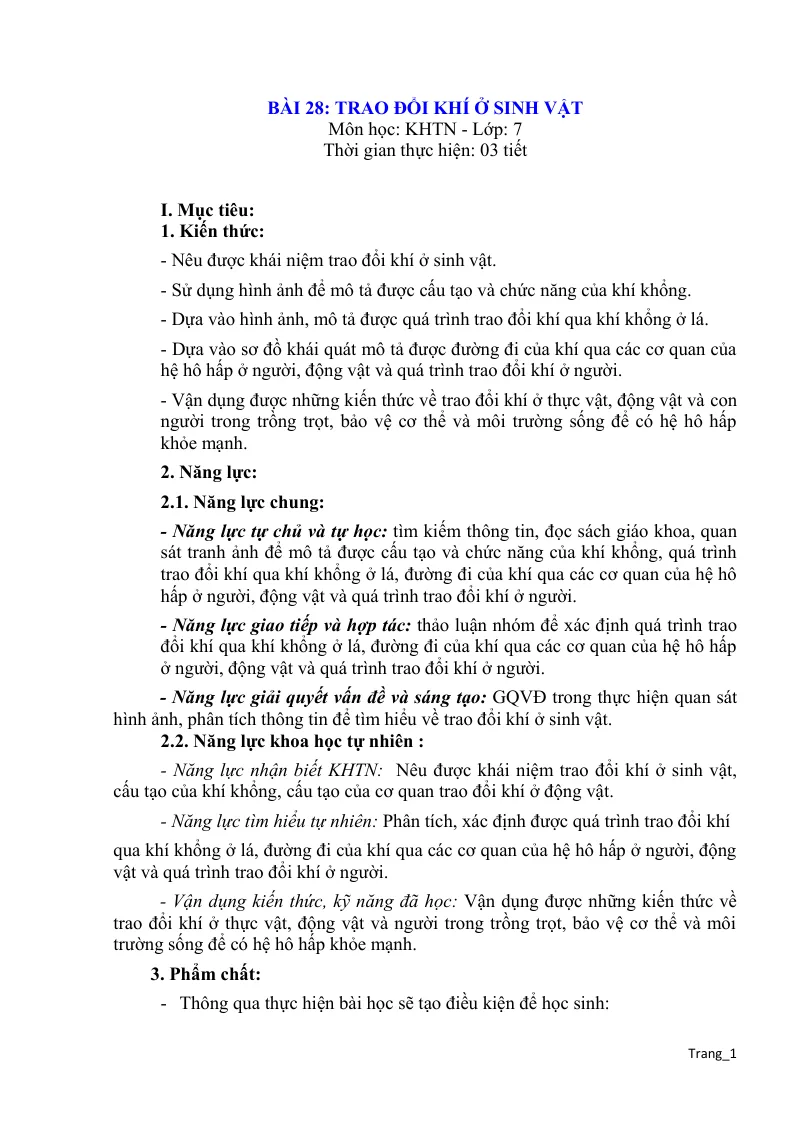 Giáo Án KHTN 7 Bài 28 Trao Đổi Khí Ở Sinh Vật