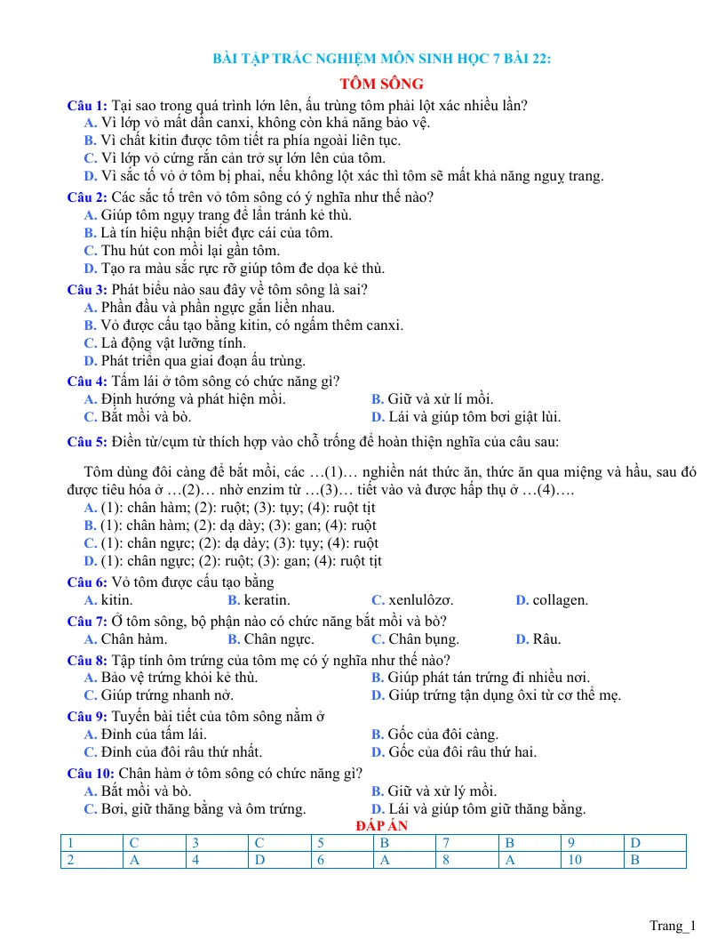 Trắc Nghiệm Sinh 7 Bài 22: Tôm Sông