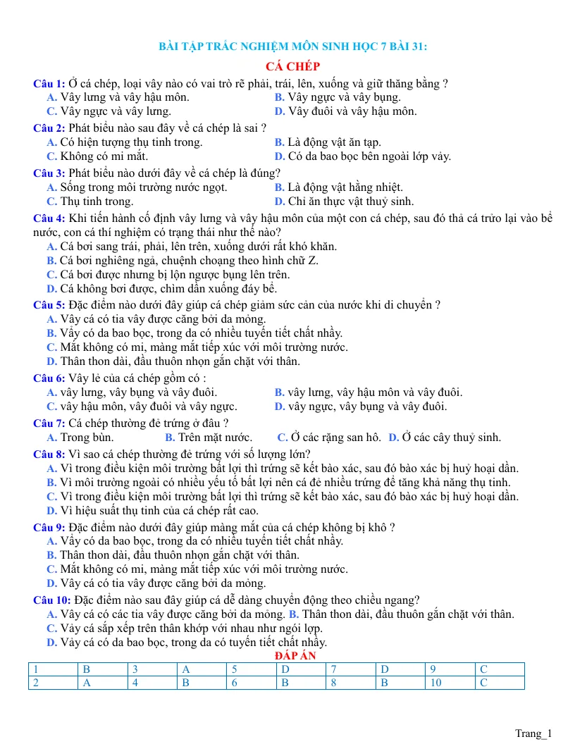 Trắc Nghiệm Sinh 7 Bài 31: Cá Chép
