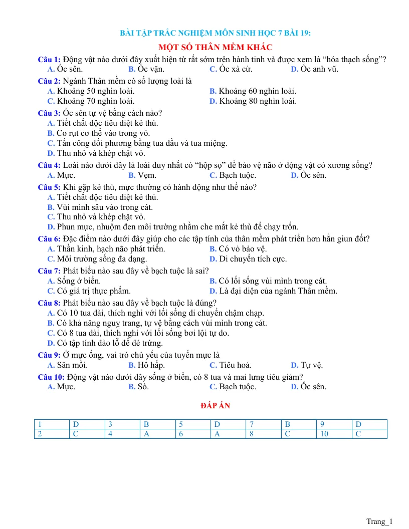 Trắc Nghiệm Sinh 7 Bài 19: Một Số Thân Mềm Khác
