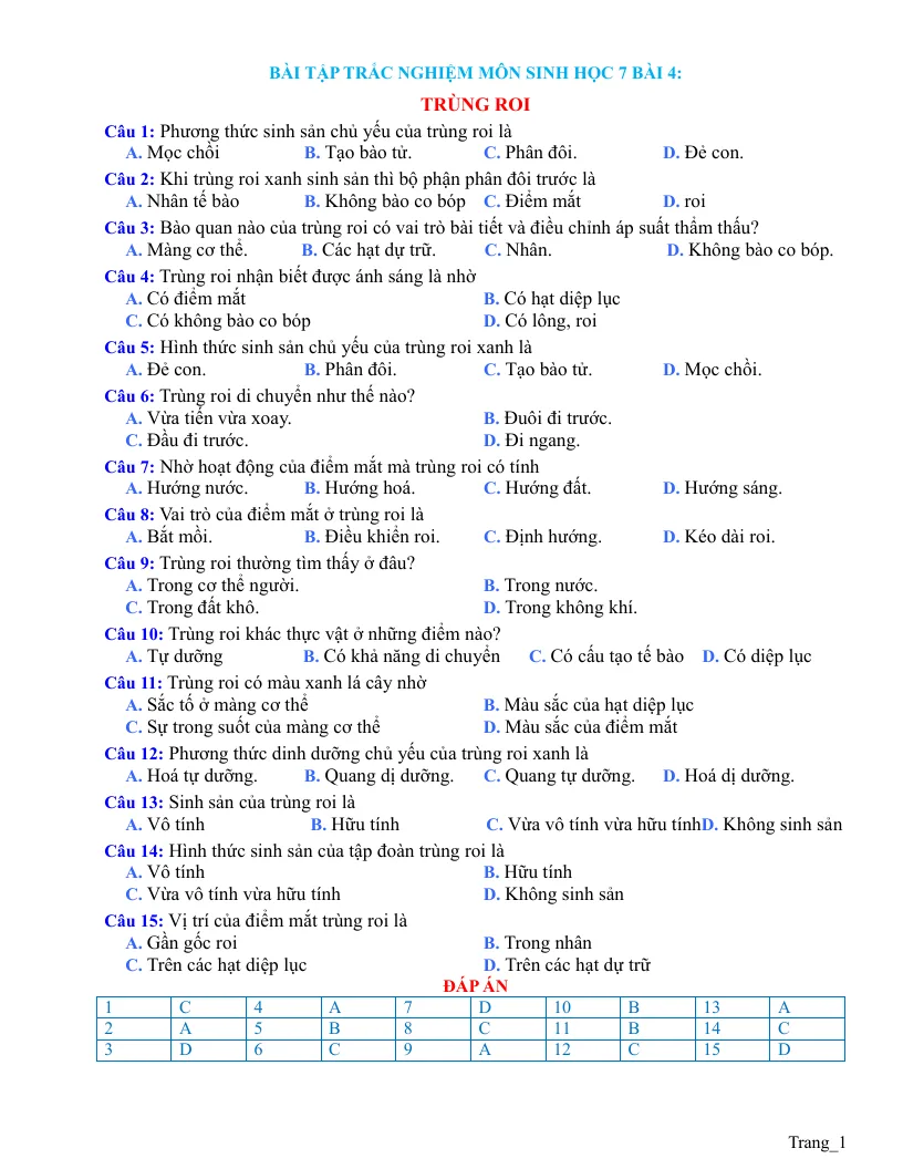 Trắc Nghiệm Sinh 7 Bài 4: Trùng Roi