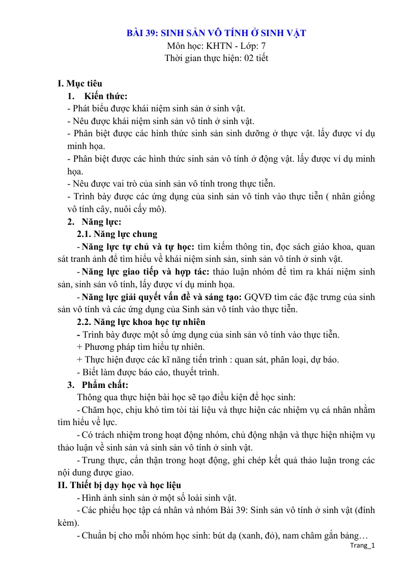 Giáo Án KHTN 7 Bài 39 Sinh Sản Vô Tính Ở Sinh Vật