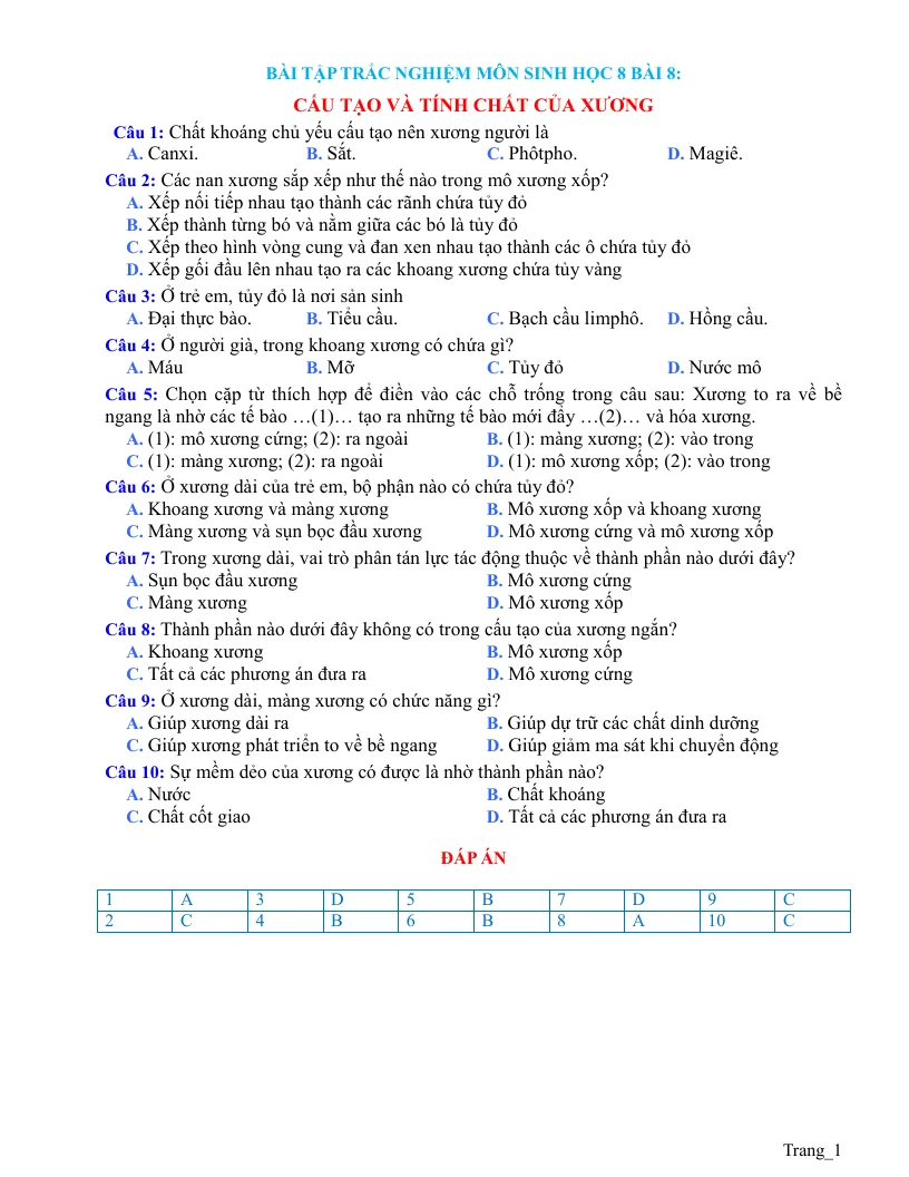 Trắc Nghiệm Sinh 8 Bài 8: Cấu Tạo Và Tính Chất Của Xương