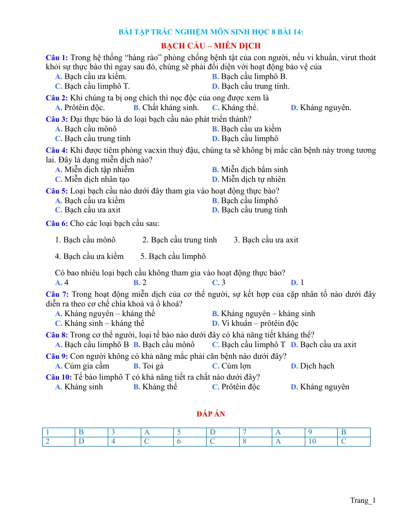 Trắc Nghiệm Sinh 8 Bài 14: Bạch Cầu Miễn Dịch