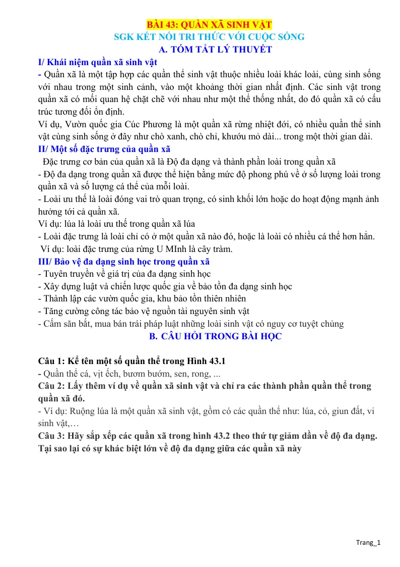 Chuyên Đề KHTN 8 Bài 43 Quần Xã Sinh Vật